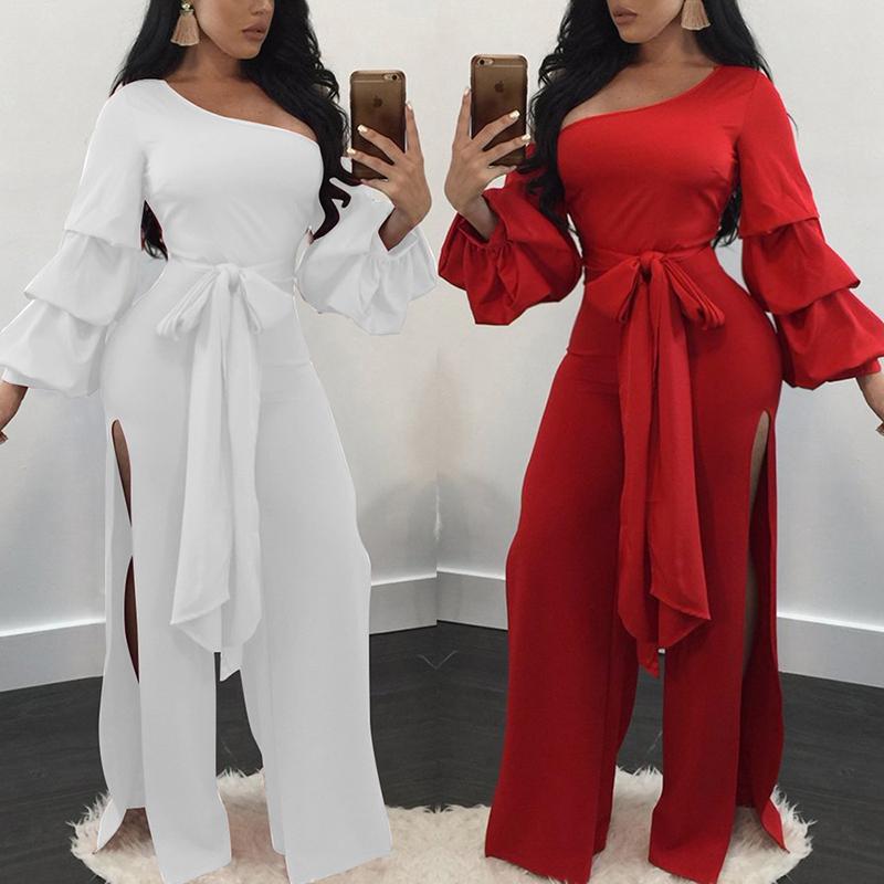 

High Slit One Shoulder Layered Sleeve Jumpsuit, Blue