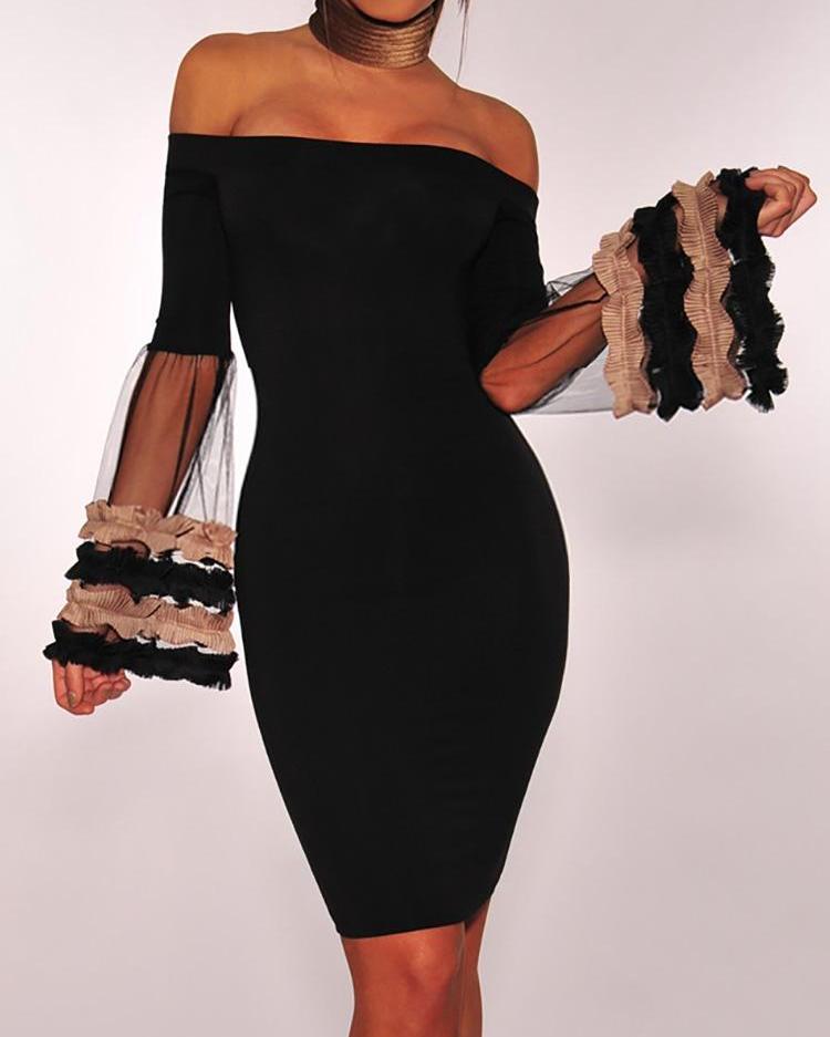 

Frills Mesh Flared Sleeve Bodycon Dress