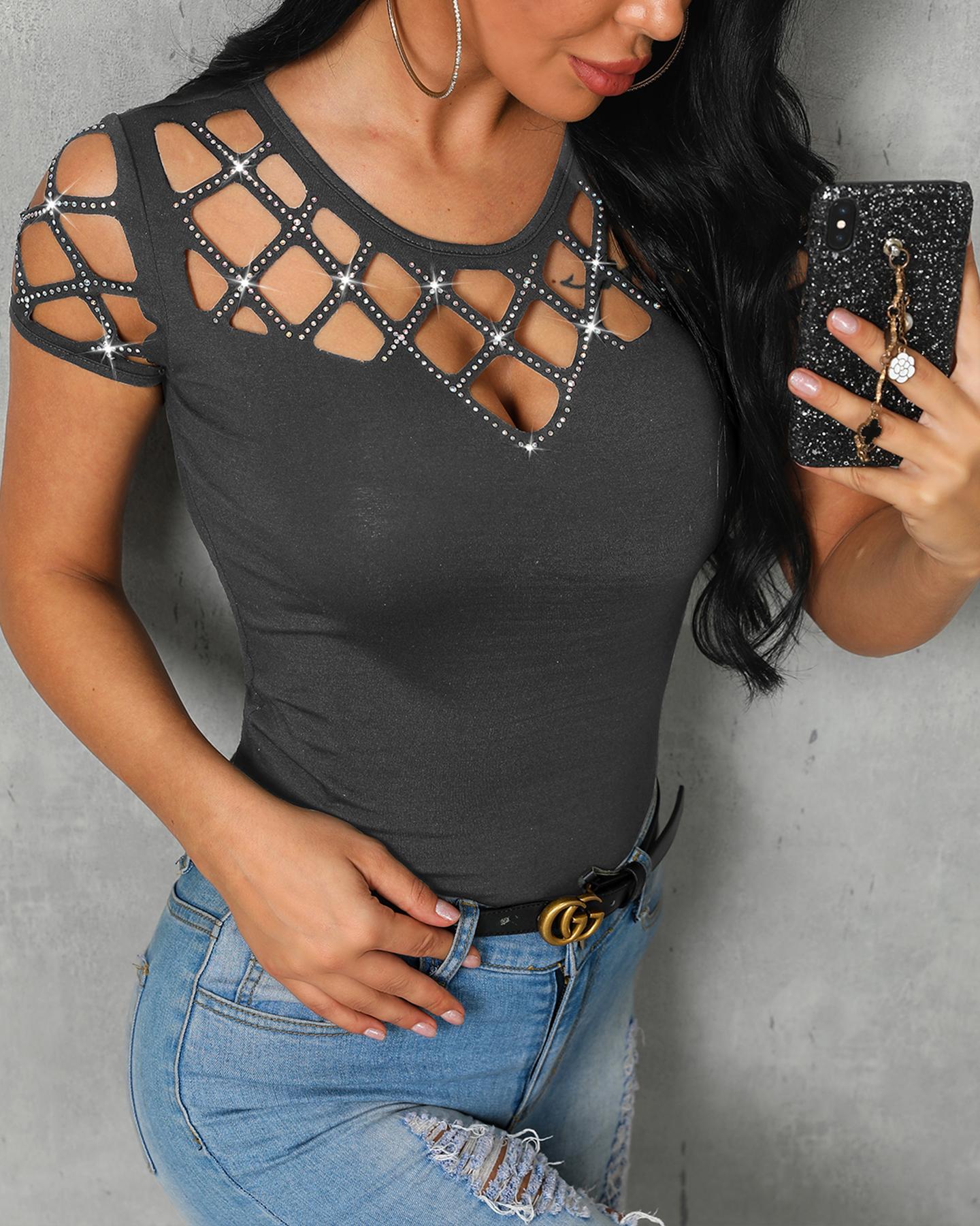 

Studded Grid Hollow Out Casual T-shirt, Gray