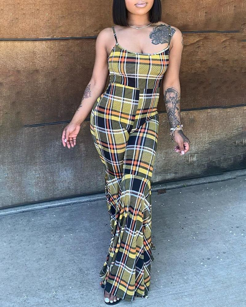 

Grid Print Colorblock Ruffles Bootcut Jumpsuit, Yellow