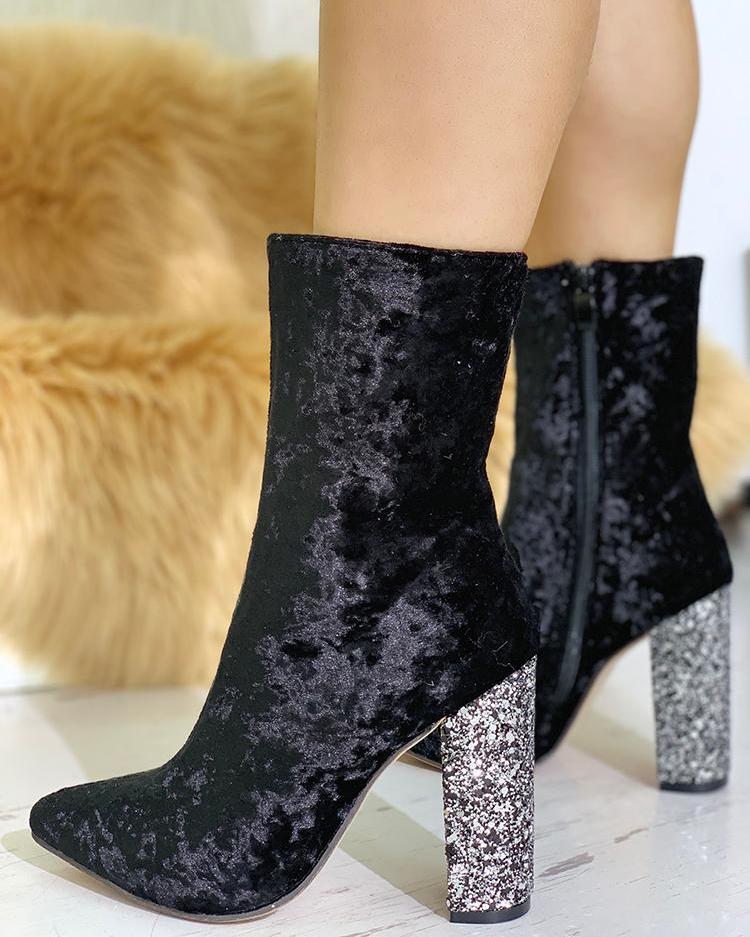 

Velvet Point Toe Sequins Chunky Heeled Boots, Black
