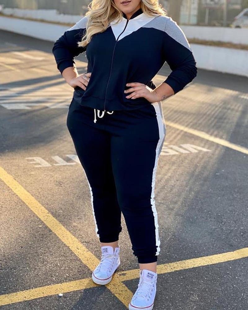 

Plus Size Colorblock Zipper Design Sporty Top & Pants Set, Black
