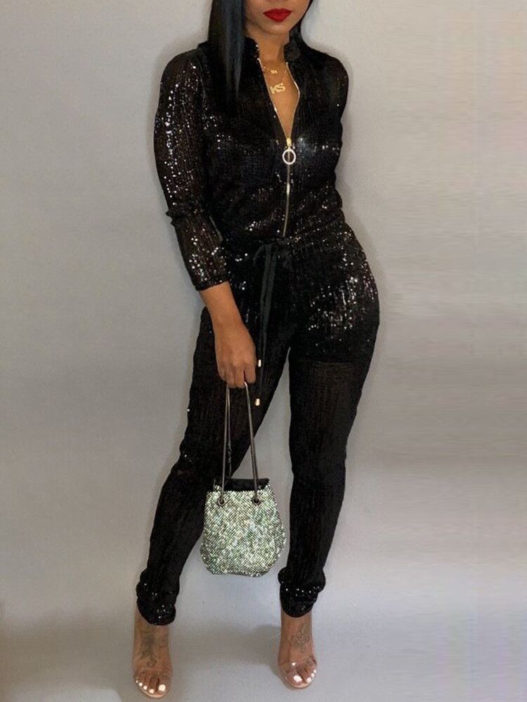 

Glitter O-Ring Zipper Drawstring Belted Jumpsuits