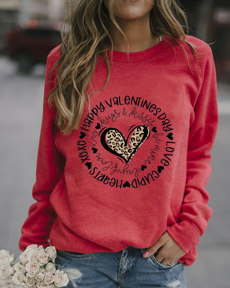 

Valentine' Day Letter Heart Print Long Sleeve Top, Red