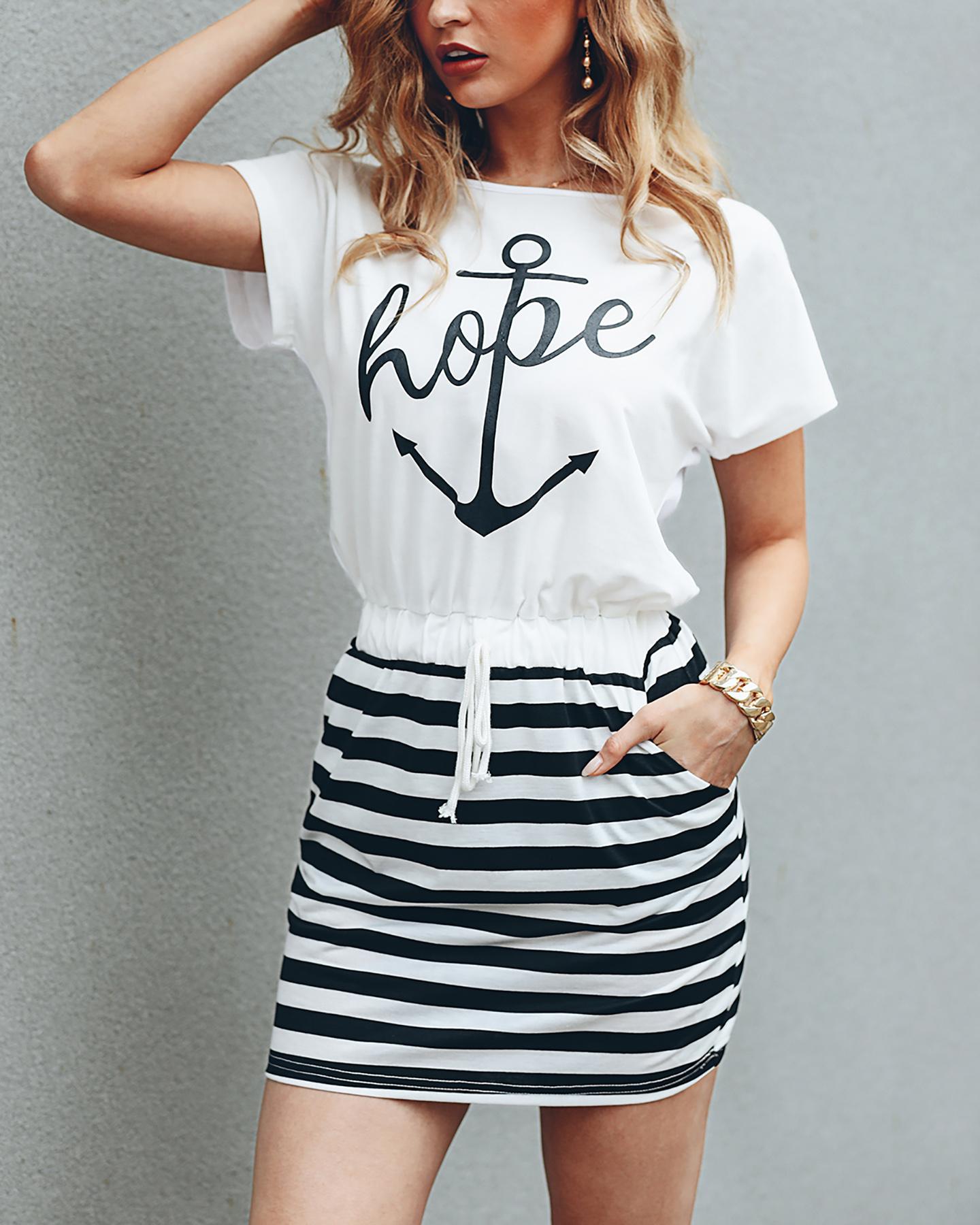 

Boat Anchor Print Striped Drawstring Dress
