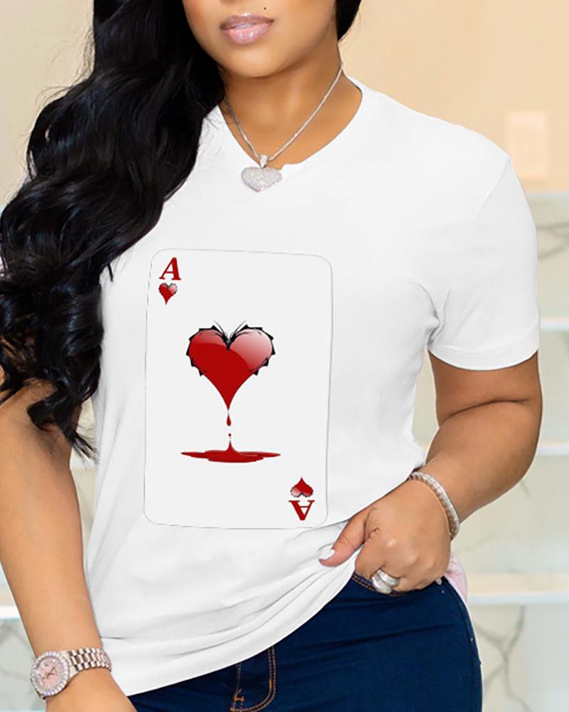 

Heart Poker Print Short Sleeve Casual T-shirt, White