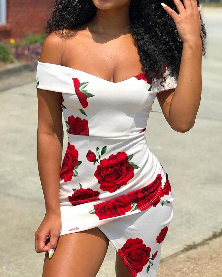 

Floral Print Off Shoulder Ruched Overlap Hem Dress
