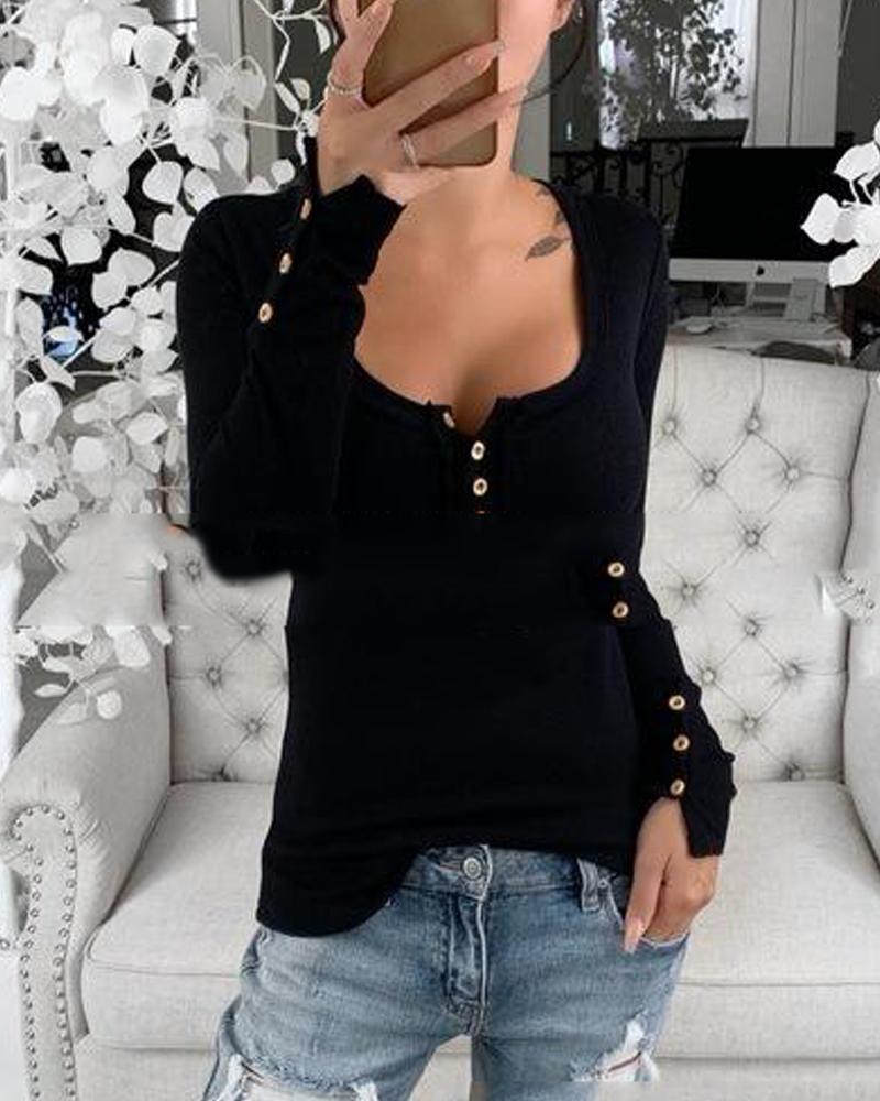 

Plunge Neck Ribbed Knit Top, Black