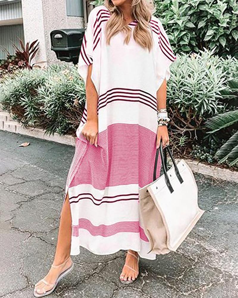 

Striped Colorblock Half Sleeve Slit Maxi Dress, Pink
