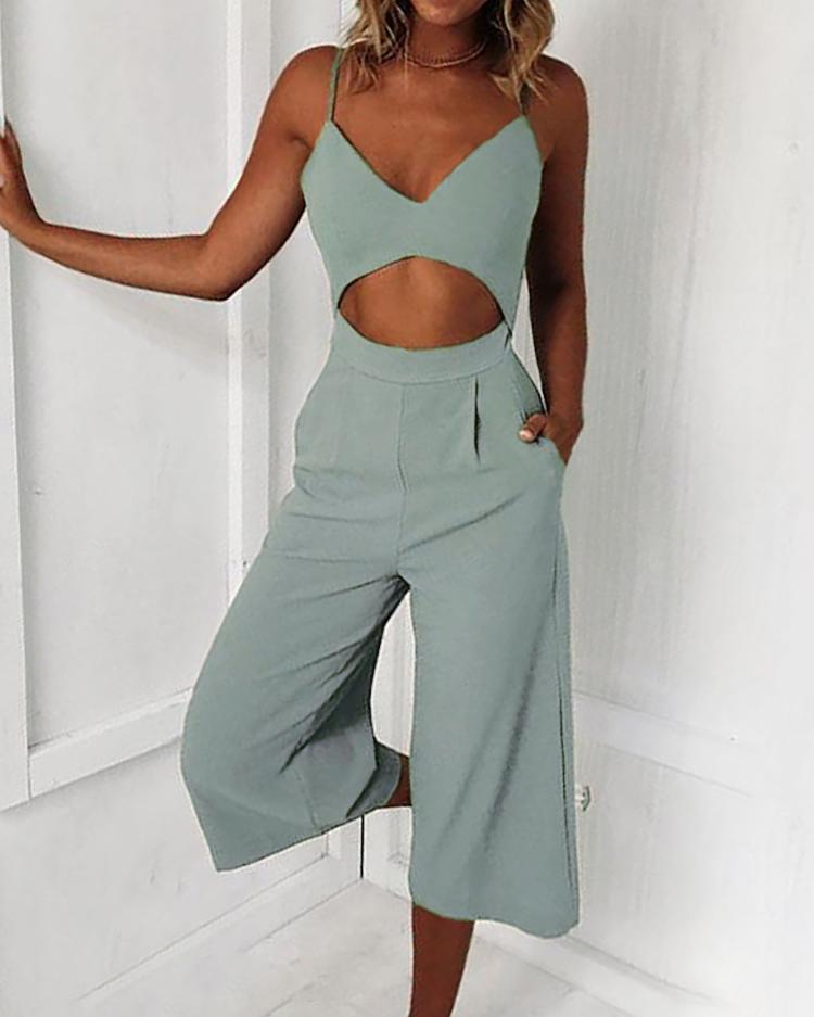

Solid Cut Out Spaghetti Strap Wide Leg Capri Jumpsuit, Black