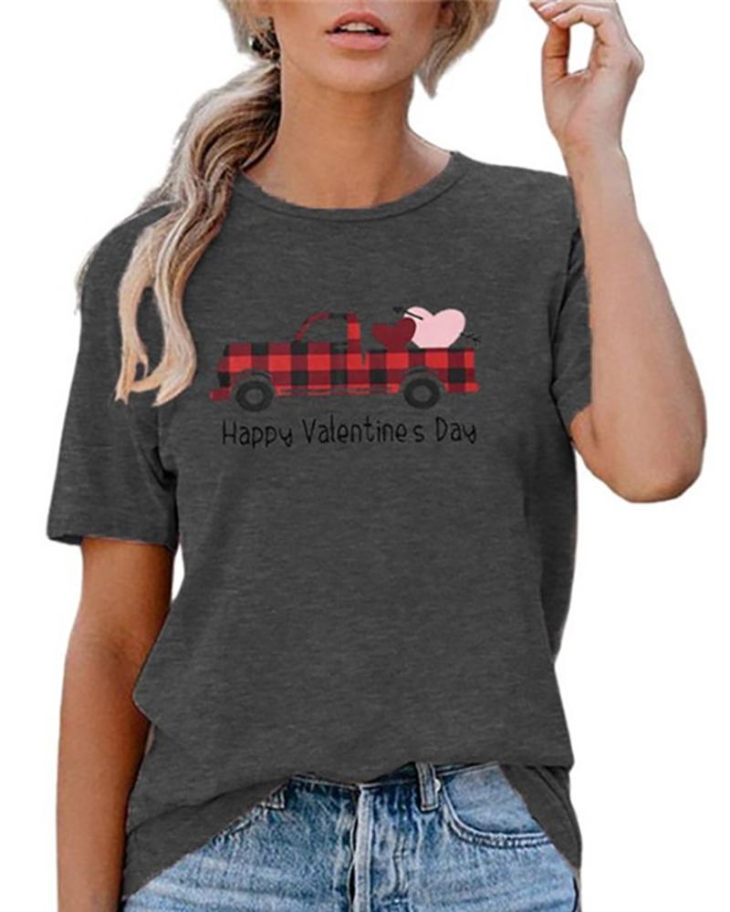 

Letter Heart Print Short Sleeve Round Neck T-shirt, Style1