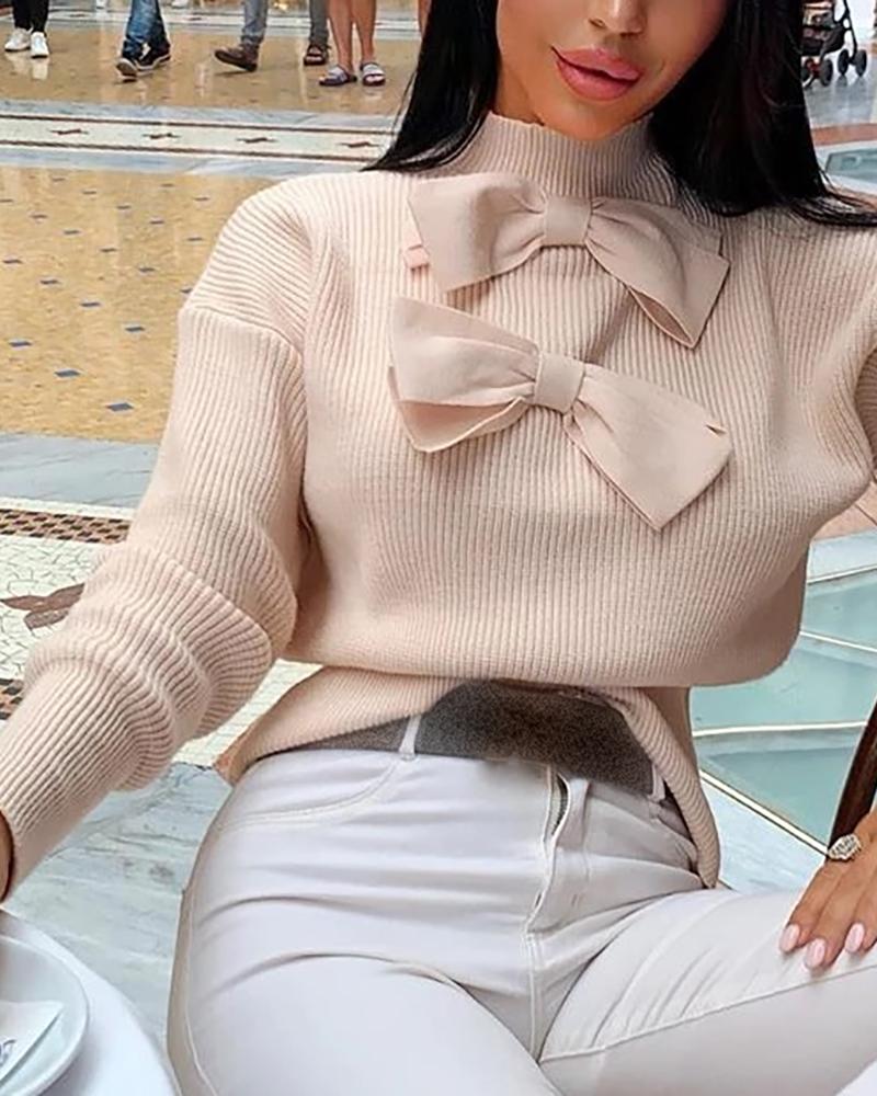 

Solid Ribbed Long Sleeve Casual Sweater, Apricot