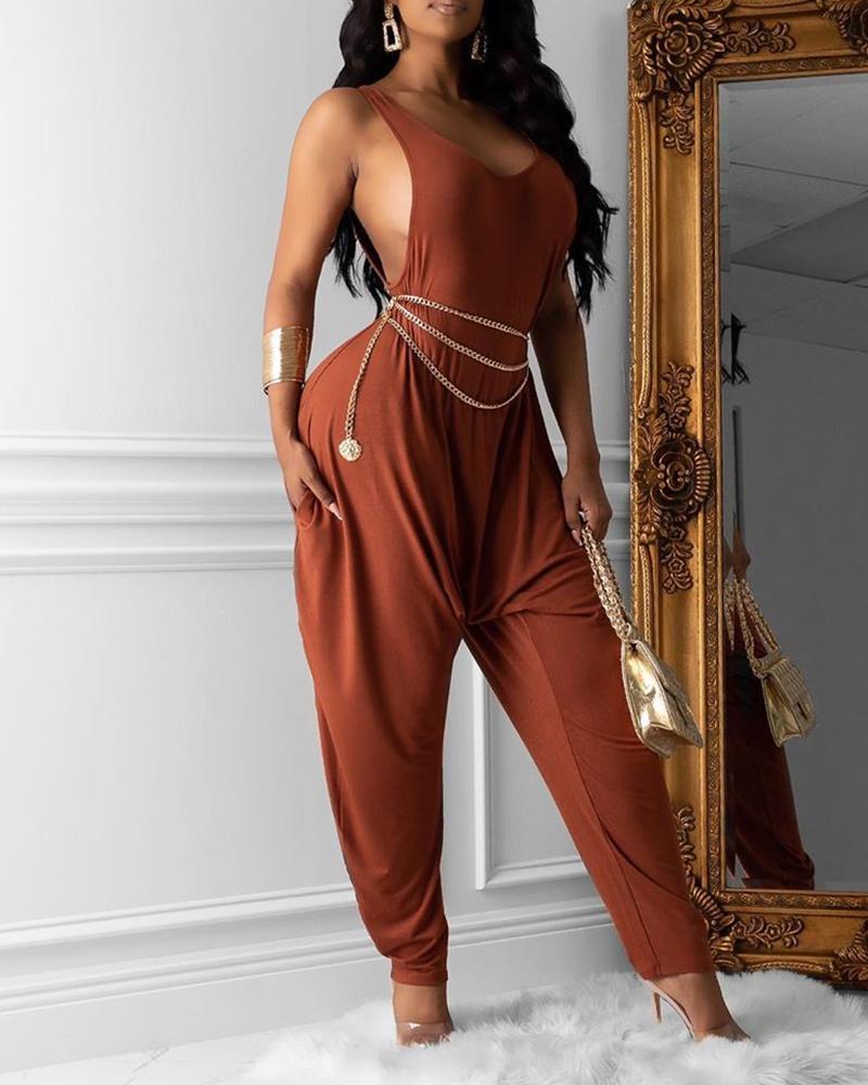 

Solid Sleeveless Ruched Casual Jumpsuit