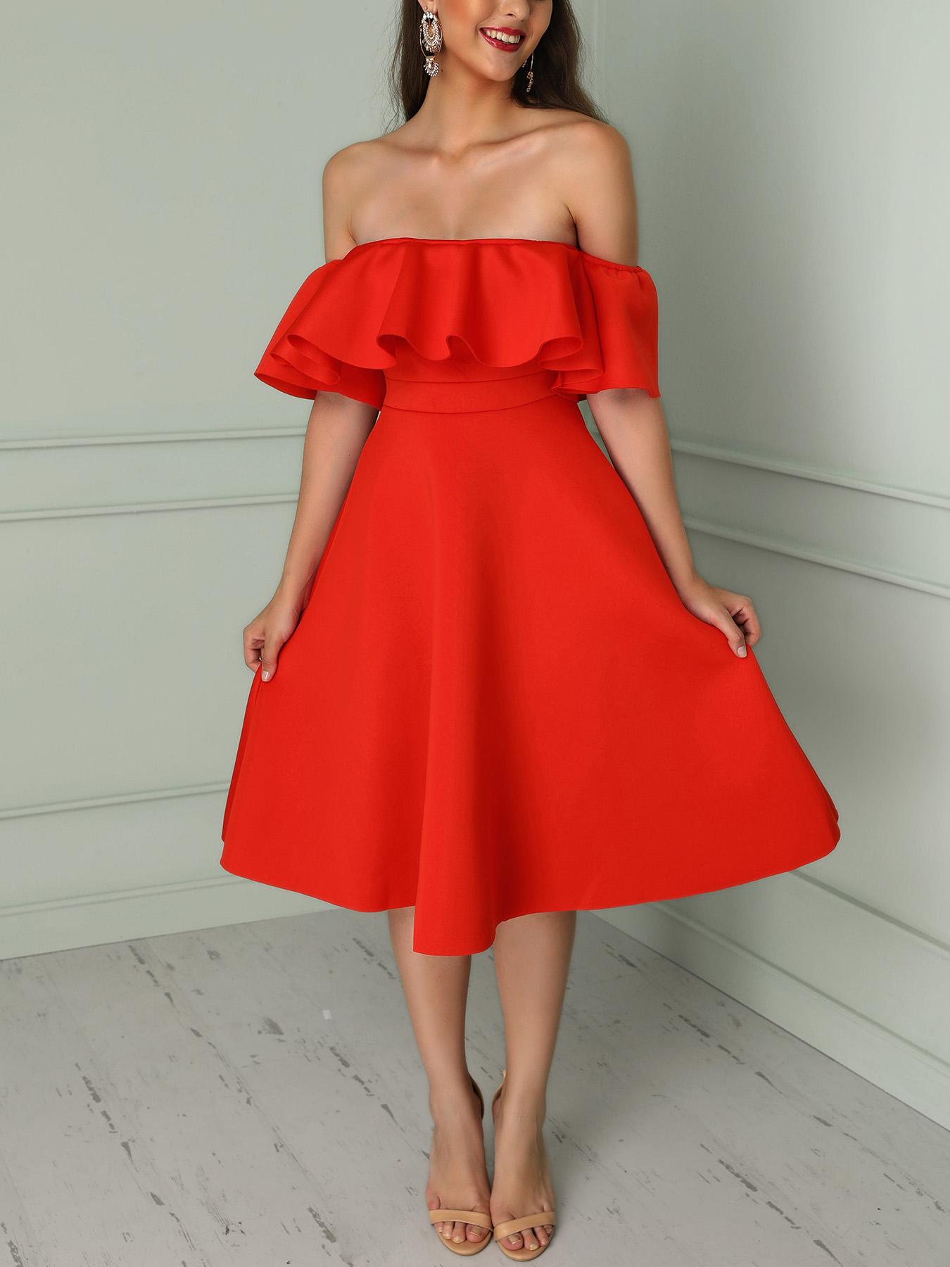 

Solid Ruffles Off Shoulder Pleated Mini Dress, Red