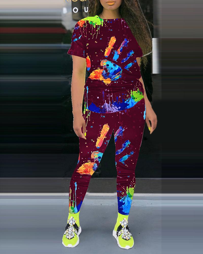 

Doodle Print Colorblock Top & Pants Set, Wine red
