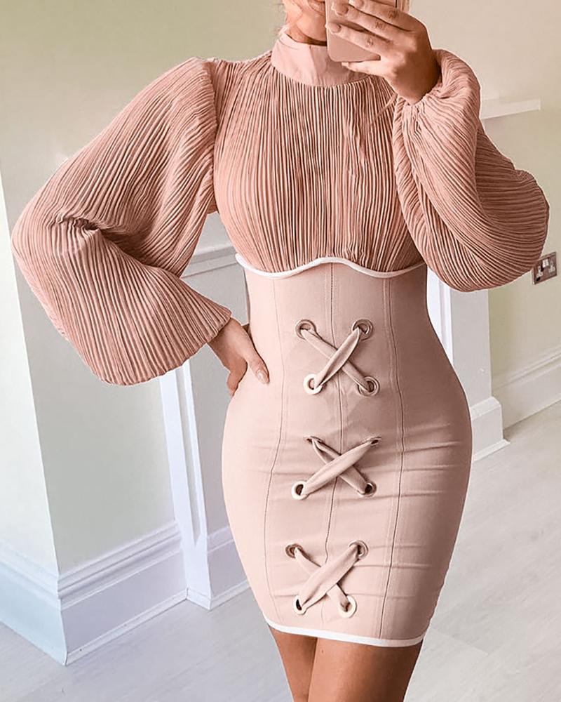 

Lantern Sleeve Patchwork Bodycon Dress, Pink