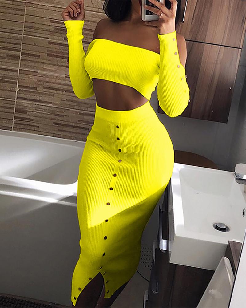 

Ribbed Rivet Embellished Crop Top & Skirt Sets, Yellow