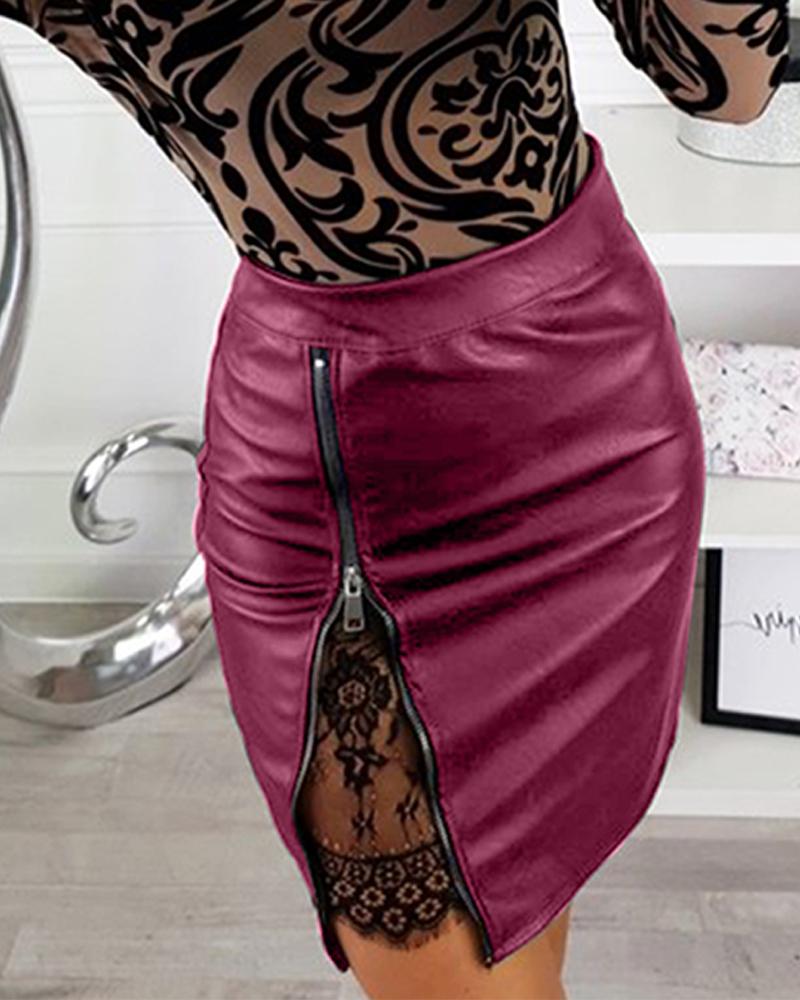 

Sexy PU Zipper Mini Skirt, Red