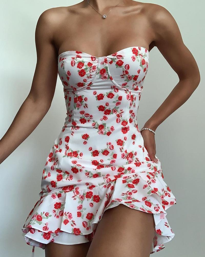 

Bandeau Floral Print Ruffles Casual Dress, Red