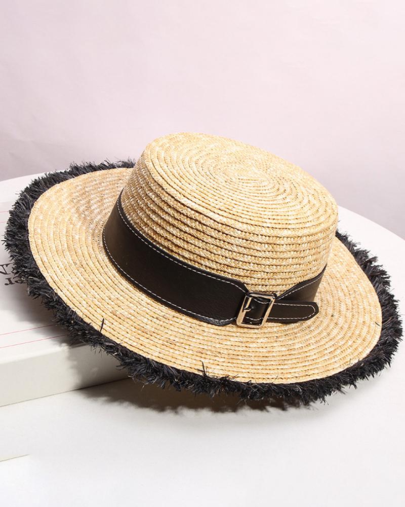 

Buckle Decor Tassel Design Straw Hat, Black