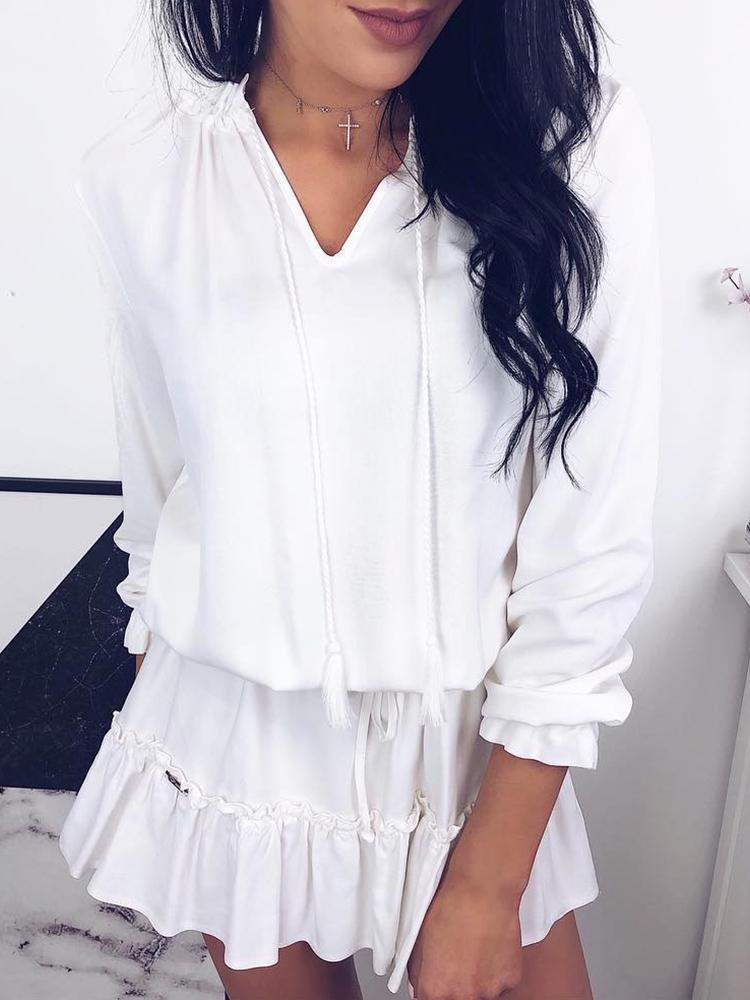 

Drawstring Ruffles Pleated Casual Dress, White