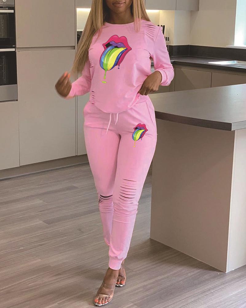 

Mouth Pattern Ribbed Tracksuit, Pink