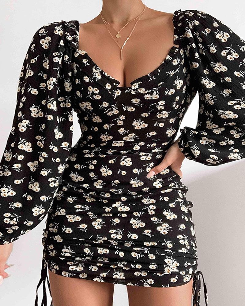 

Ditsy Floral Print Drawstring Ruched Bodycon Dress, Black
