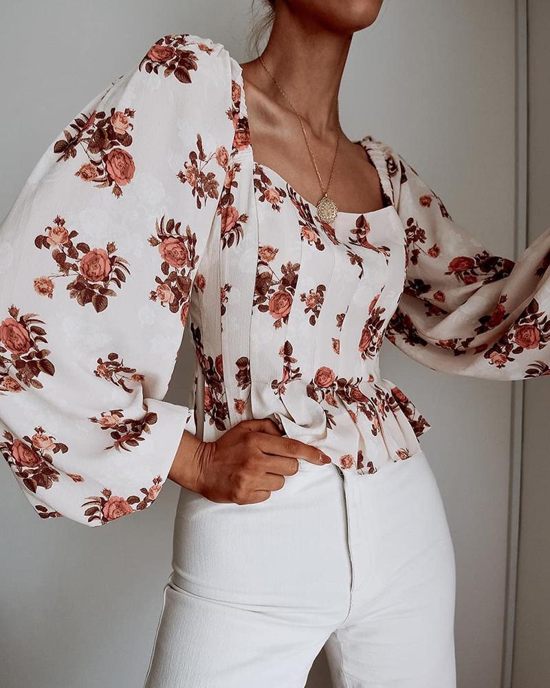 

Square Neck Floral Ruffle Blouse, Beige