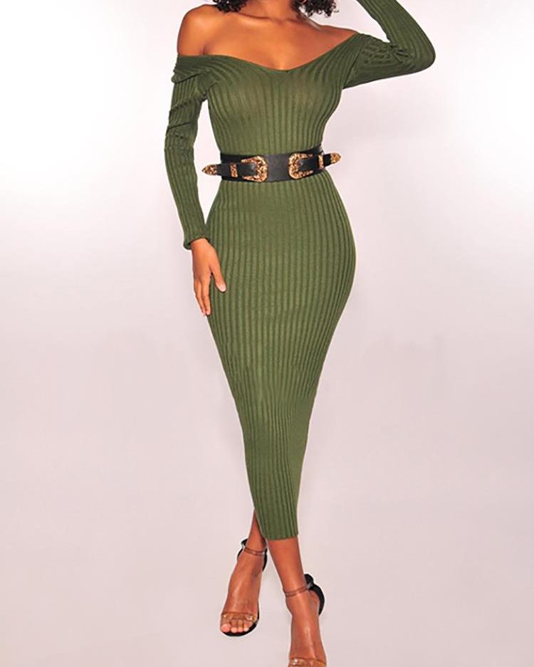 

Off Shoulder Long Sleeve Pencil Dress, Army green