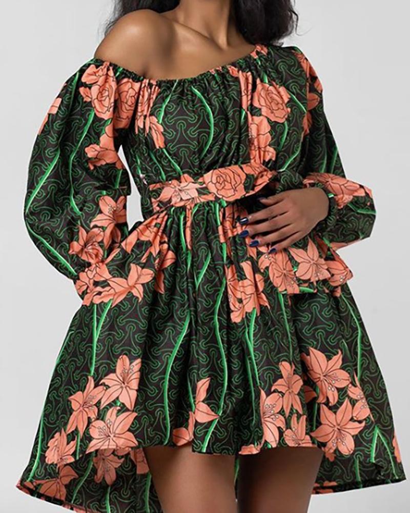 

Print One Shoulder Lantern Sleeve Mini Dress, Green