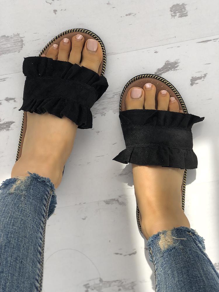 

Ruffles Hem Casual Summer Slipper, Black