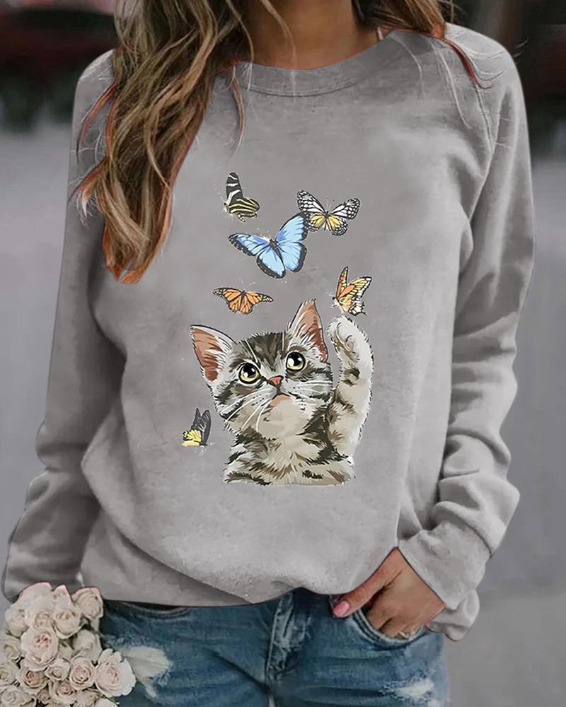 

Butterfly Cat Print Round Neck Sweatshirt, Gray