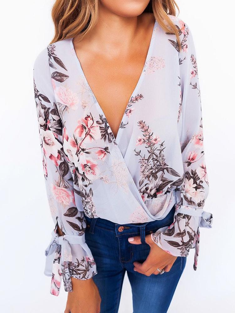 

Floral Deep V Wrapped Bell Sleeve Top Blouse