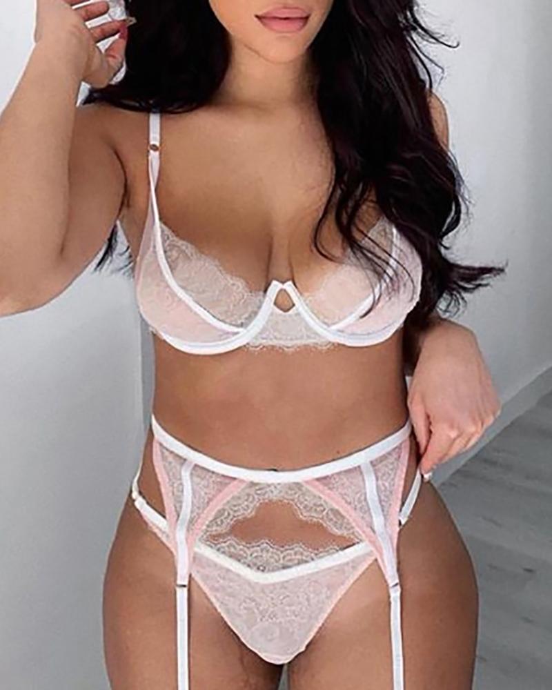 

Eyelash Lace Garter Lingerie Set, Pink