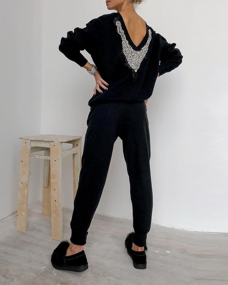 

Studded Back Casual Top & Pants Set, Black