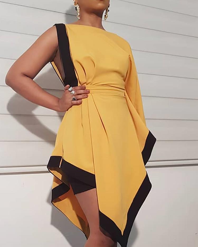 

Contrast Binding One Sleeve Irregular Hem Dress, Yellow