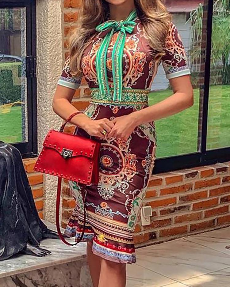 

Retro Print Tie Neck Short Sleeve Dress, Black