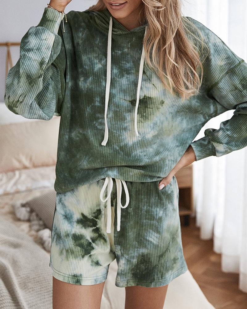 

Tie Dye Print Hooded Top & Drawstring Shorts Set, Green
