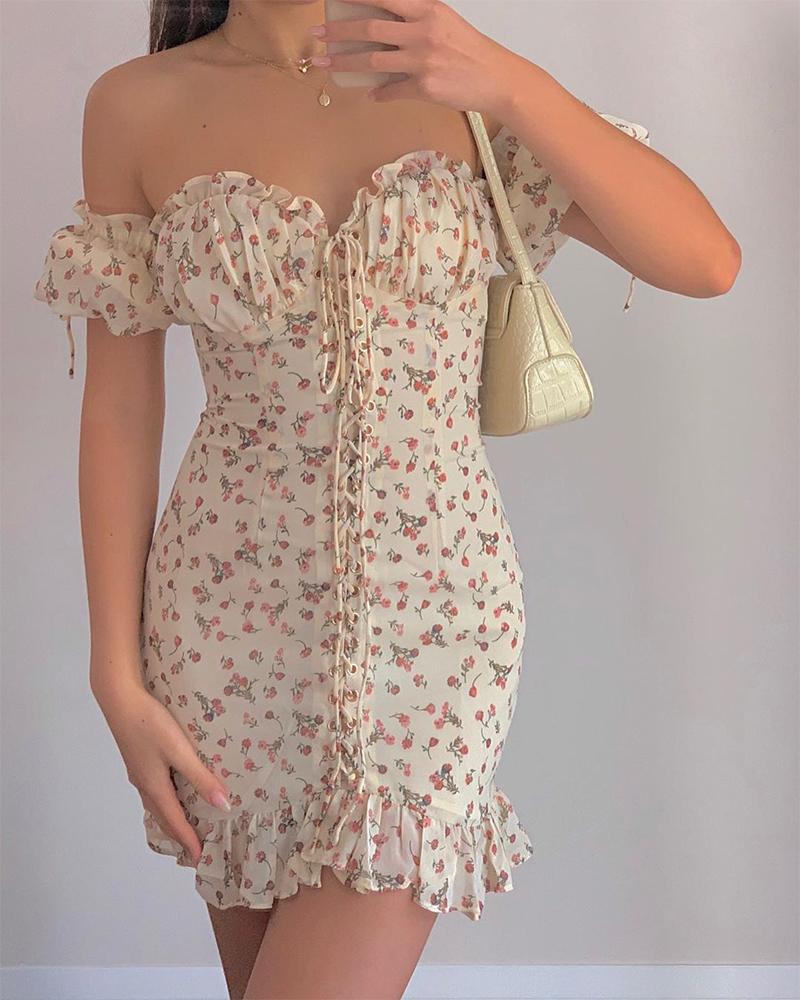 

Floral Print Tie Detail Mini Dress, Apricot