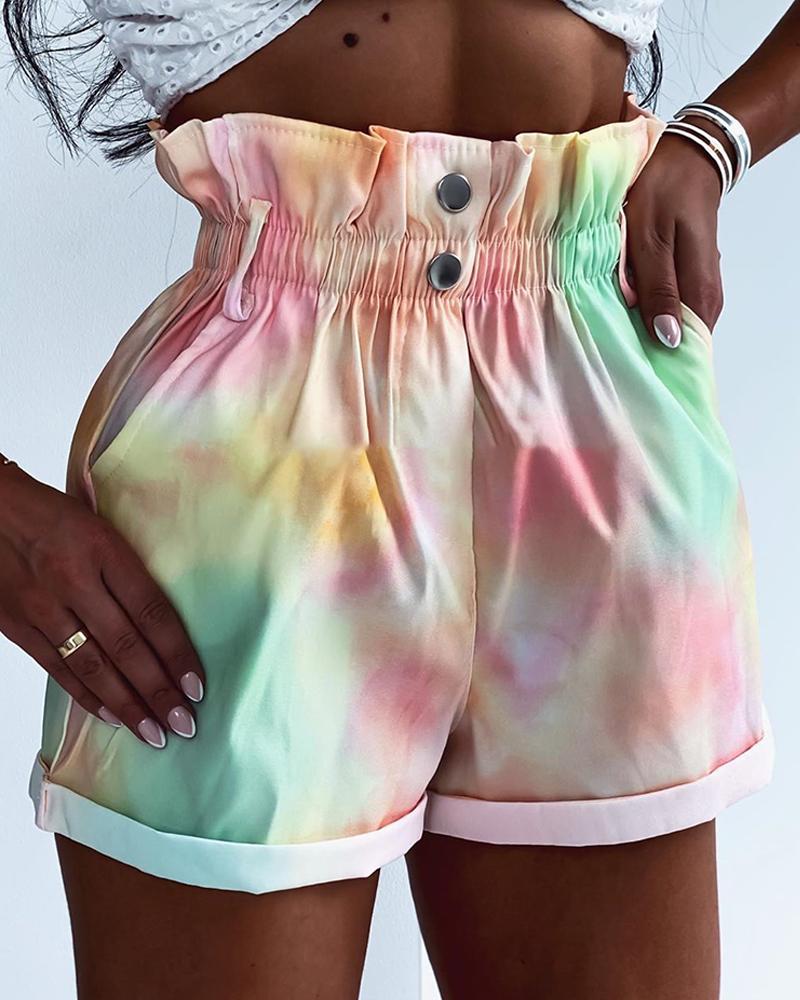 

Paperbag Waist Tie Dye Print Rolled Hem Casual Shorts, Multicolor