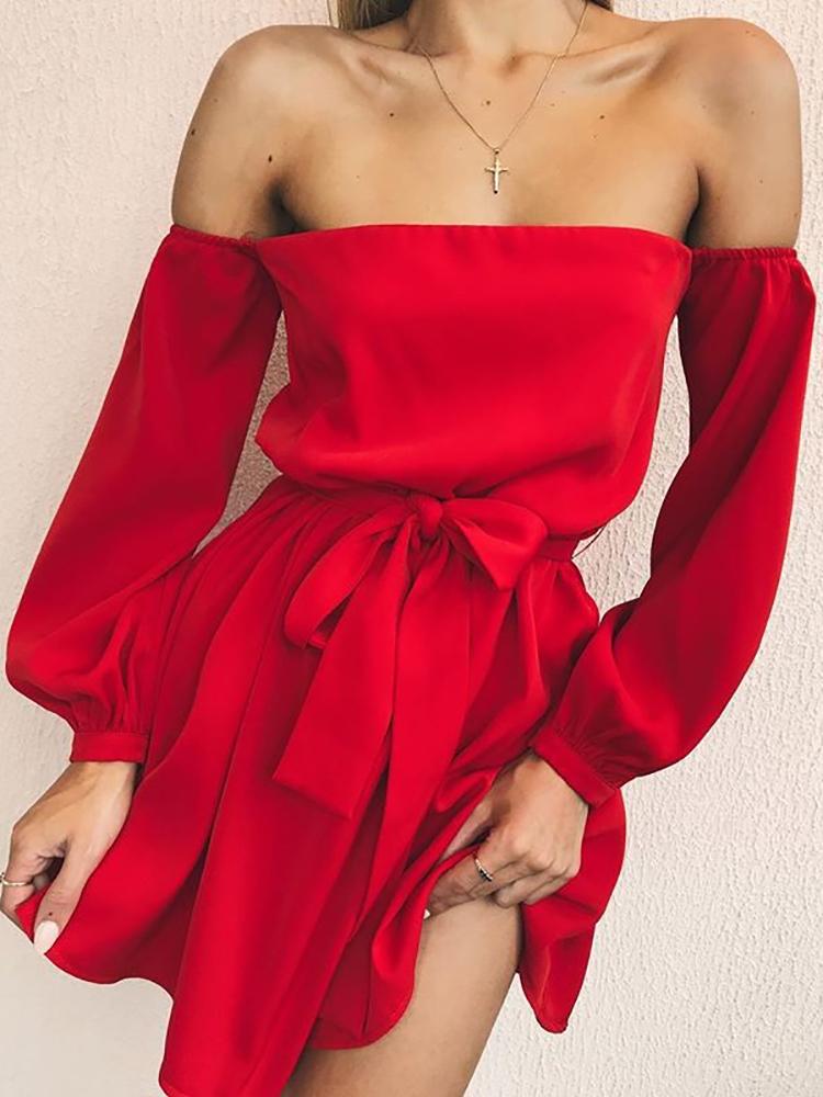 

Trendy Off Shoulder Belted Casual Dress, Red