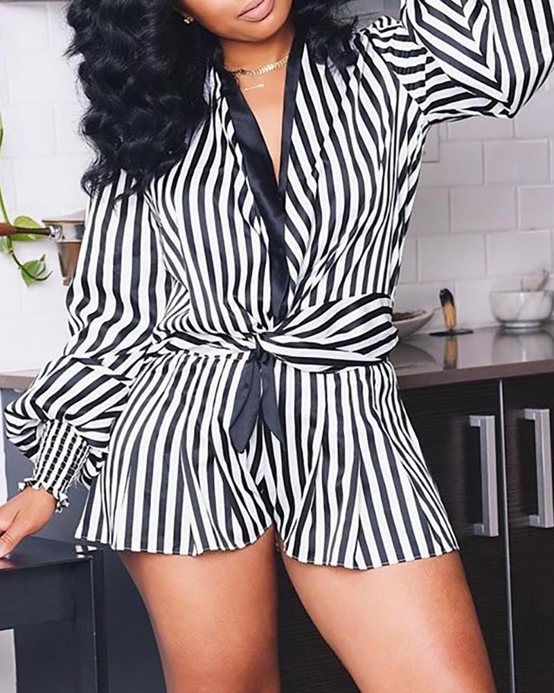 

Plunge Striped Lantern Sleeve Romper