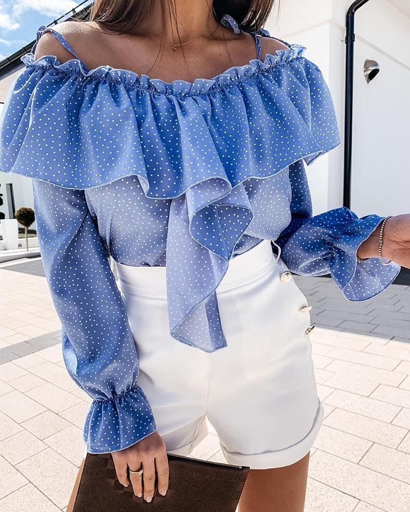

Dot Print Cold Shoulder Ruffles Blouse, Blue