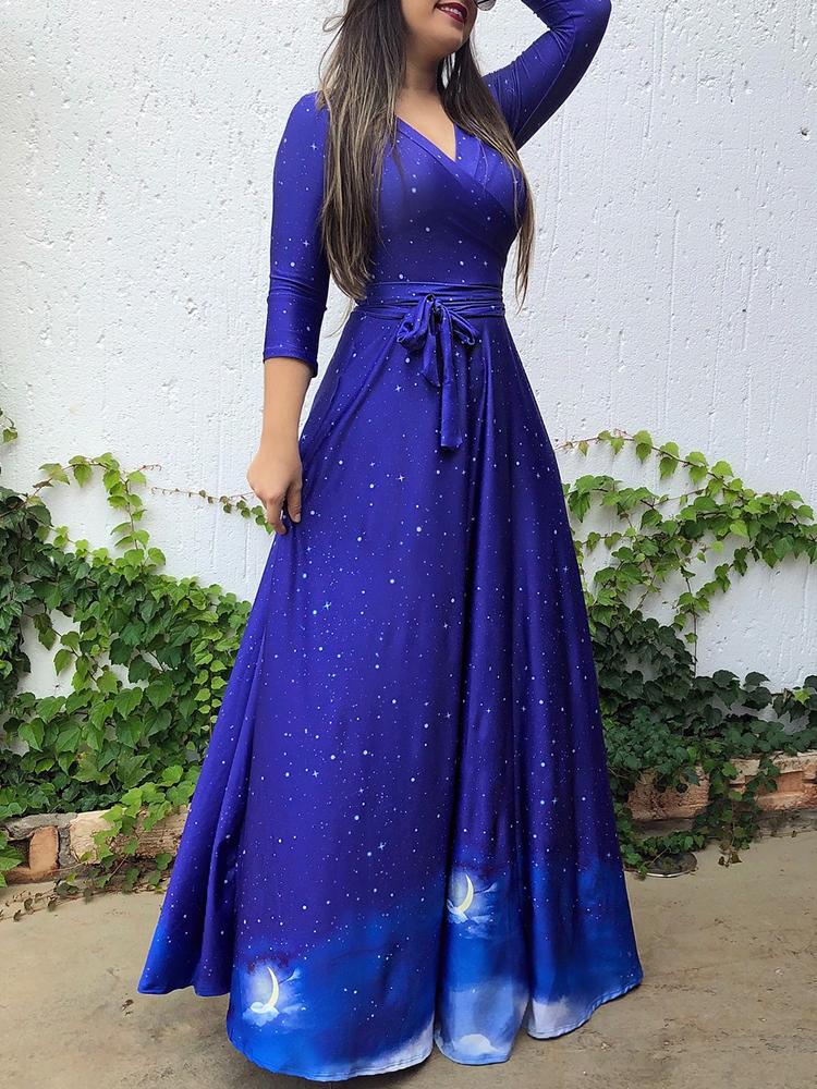 

Starry Print Belted Maxi Wrap Dress, Blue