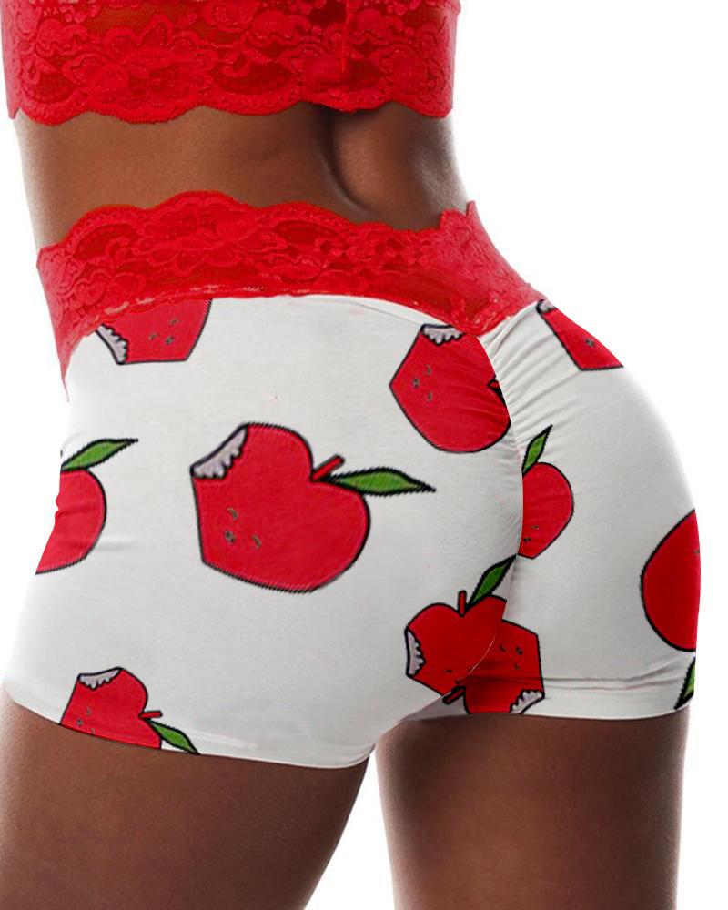 

Crochet Lace Apple Print Ruched Casual Shorts, Red
