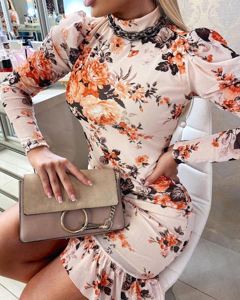 

Mock Neck Floral Print Ruffles Dress, Beige