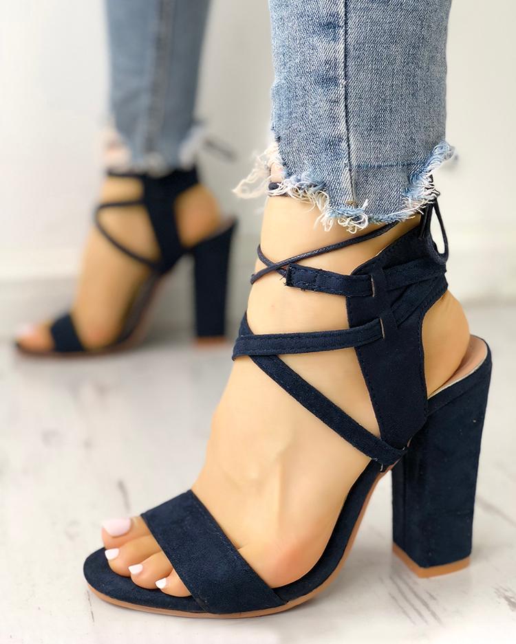 

Lace Up Open Toe Block Heels Sandals, Dark blue