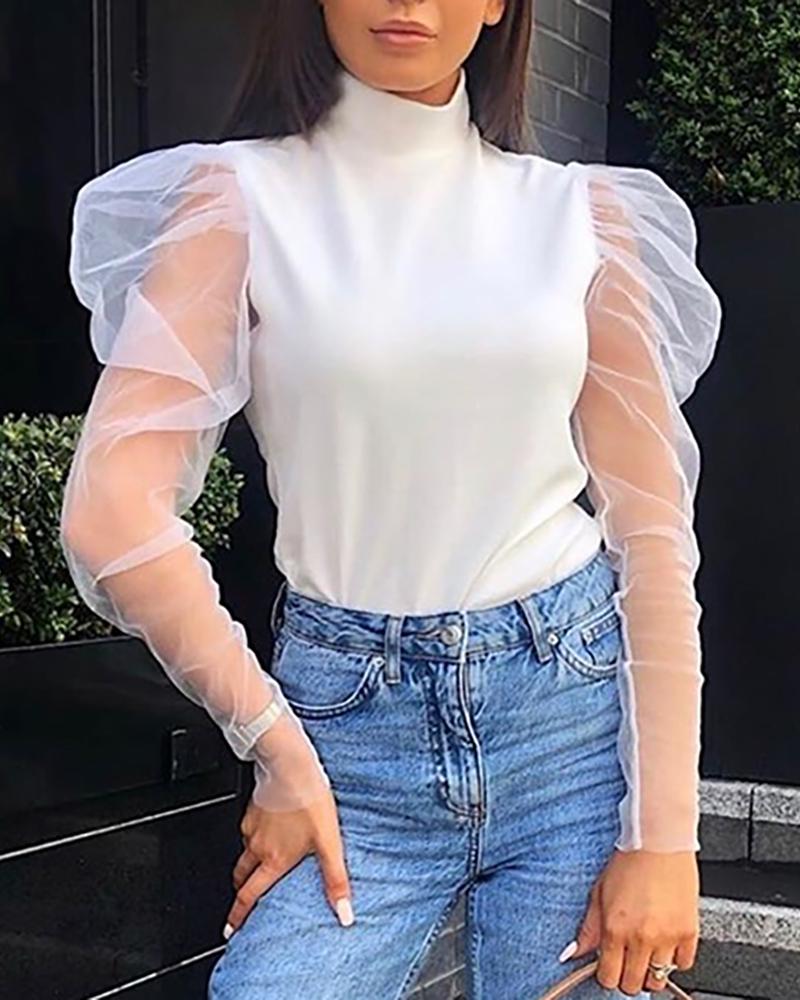 

Mesh Puff Sleeve Mock Neck Top