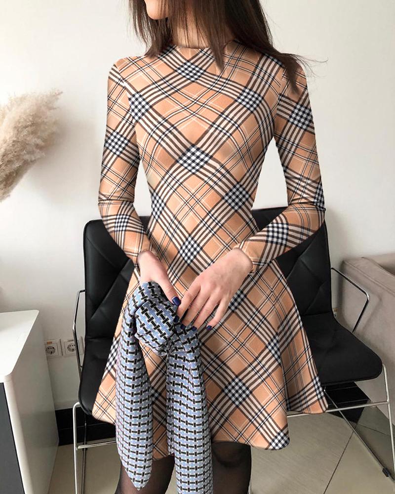 

Plaid Colorblock Long Sleeve Casual Dress, Brown