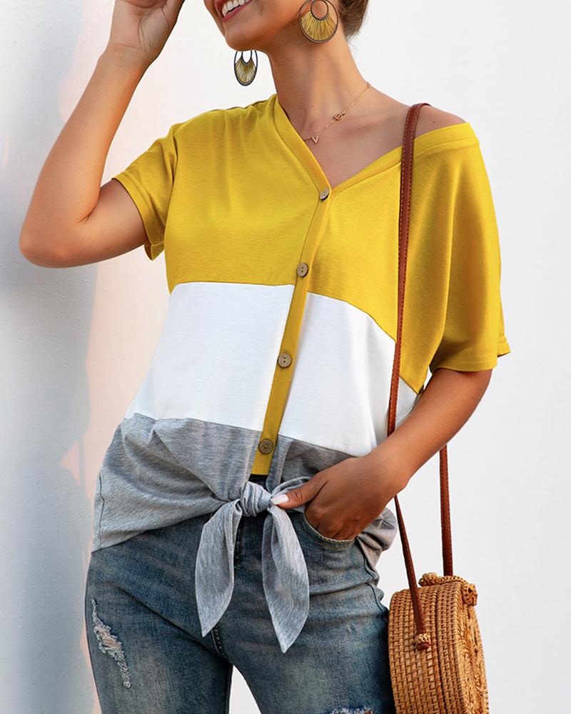 

Colorblock Tied V-Neck T-Shirt, Yellow